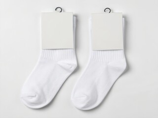 Blank Socks with Label Mockup. Two pairs of plain white socks displayed with blank tags for branding or labeling.