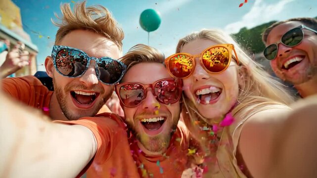 Joyful friends celebrating outdoors with colorful confetti and sunglasses.