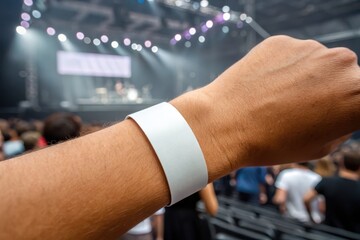 Blank paper wristband Mockup. A wrist with a white band in a lively concert atmosphere, capturing the excitement of the event.