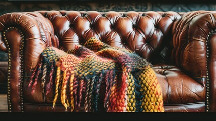 A colorful fringed blanket draped over a tufted brown leather chesterfield sofa in a cozy setting