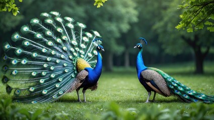 Obraz premium Pavo cristatus - Courting peacock showcasing its long beautiful feathers with a spread tail in a meadow. Green trees in the background