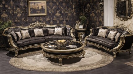 Ornate, curved sectional seating arrangement with coffee table.