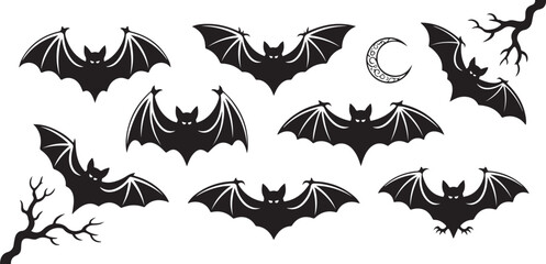 Collection of Black Bats Silhouettes for Halloween Design