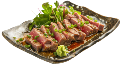 Deliciously plated seared tuna with green onions and wasabi on a decorative black dish