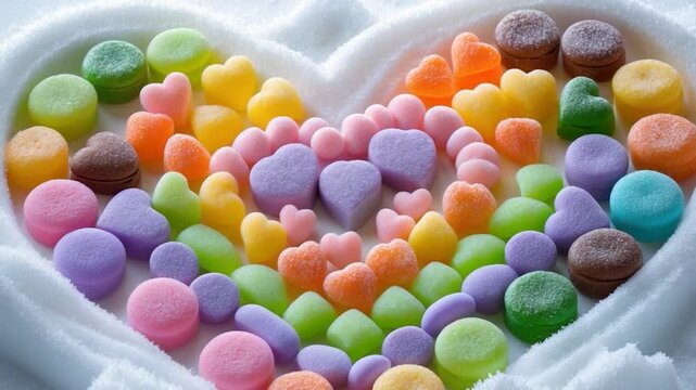 Heart-shaped candies with a sugar coating