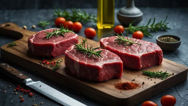 Three raw beef steaks arranged on a cutting board with spices.