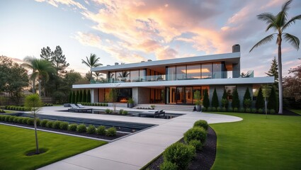 Obraz premium Modern luxury home with pool and landscaping design at sunset for real estate and architecture lovers