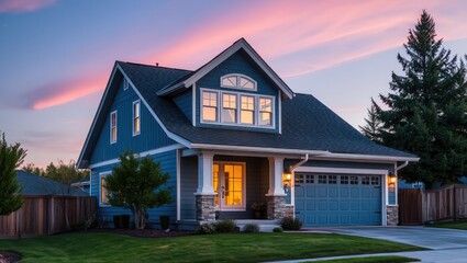 Blue craftsman home exterior with garage and lush lawn at sunset real estate property listing photo