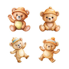Fototapeta premium A set of adorable baby teddy bears with hats, fun and joyful Kids stickers illustration
