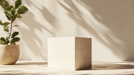 A simple wooden cube with shadows leaves on beige backdrop Ideal for product presentations or cosmetic displays with front view and copy space image