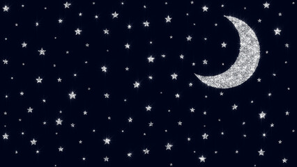 Fototapeta premium moon and stars shiny glitter glowing on night sky , kids lullaby and nursery rhyme background