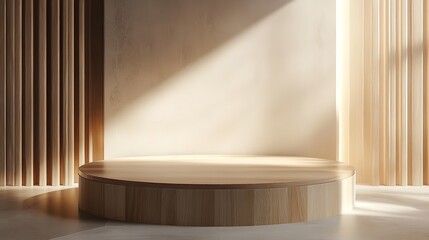 A sleek, polished podium in a minimalist environment with soft ambient lighting, leaving enough space around it for showcasing a luxury item
