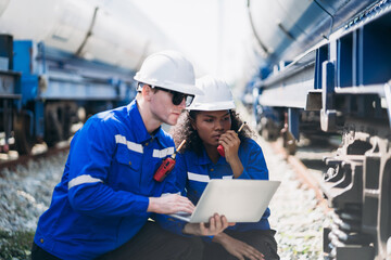 Engineer conducting outdoor railway inspection for natural gas transport and industrial freight...