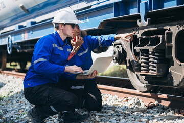 Engineer conducting outdoor railway inspection for natural gas transport and industrial freight...