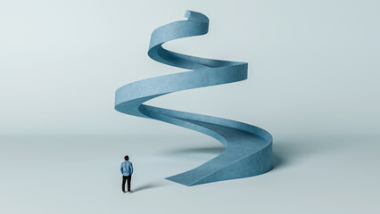 Man Facing Winding Spiral Path Going Up - Ambition, Uncertainty, and the Journey Toward Growth, 3D Render