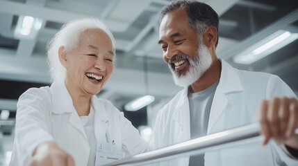 Obraz premium Smiles and encouragement in a rehabilitation center as two therapists assist a patient during therapy sessions