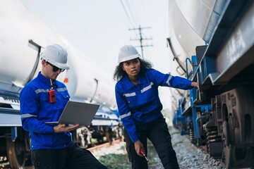 Engineer conducting outdoor railway inspection for natural gas transport and industrial freight...