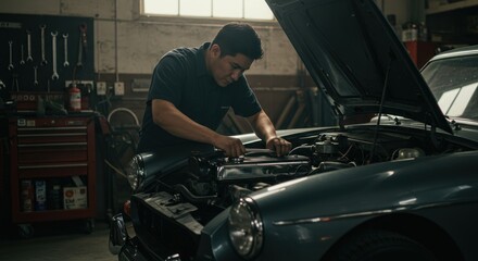 Car Mechanic Repairing Classic Car Engine in Garage - Photo