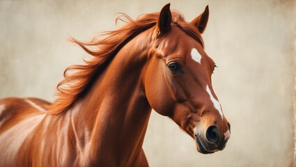 Fototapeta premium Classic portrait of a chestnut horse, featuring space for text.