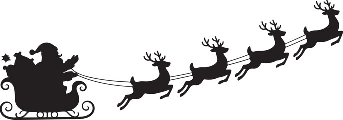 Santa Claus in Sleigh Pulled by Reindeer Silhouette