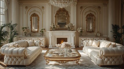 Luxurious interior with elegant sofa furniture and ornate decorations illuminated by ambient lighting photo