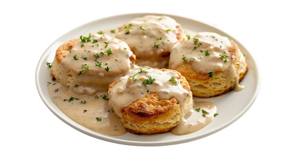 Delicious homemade biscuits smothered in creamy gravy, garnished with parsley, served on a white plate