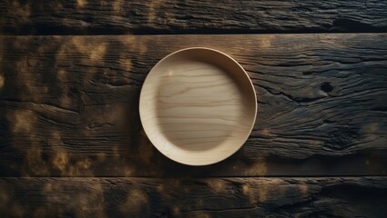 Classic unused wooden dish on oak surface timber texture background