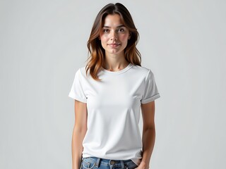 Smiling Brunette Woman in a White Rolled Sleeve T-Shirt, Medium Shot Against a Light Gray Background, Fashion and Apparel Concept, Advertising and Mockup