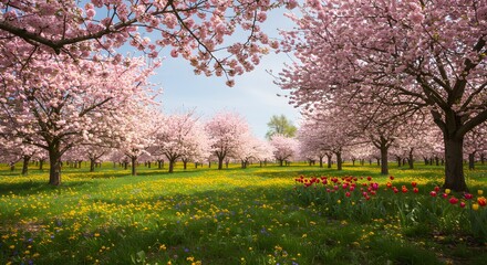 Spring blossom scene. Frame blooming trees or a field of flowers (e.g. cherry blossoms, tulips). A vertical shot could focus on a single flowering branch against sky, and a horizontal on a line of tre