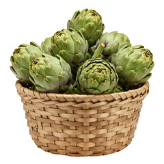 Fototapeta premium Fresh artichokes fill a woven basket, their petals a gentle, vegetal green against the white
