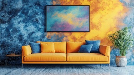 Contemporary living room interior design with vibrant hues.