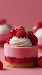 raspberry mousse mini cake with whipped cream and fresh raspberries, pink background