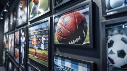 A wall filled with framed sports photographs including football and soccer ball images in black frames