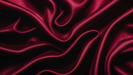 Obraz premium Deep red abstract backdrop featuring burgundy, maroon, cherry, and crimson tones. Satin silk velvet fabric. Rich elegance. Flowing curtain drapery with folds and waves. Design