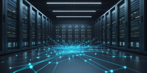 Obraz premium Data center with glowing network connections illustrating digital technology in a modern computing environment