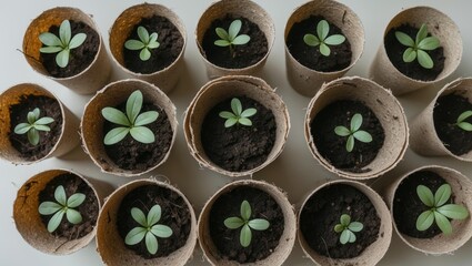 Fototapeta premium Biodegradable peat moss pots with flower seedlings. Sustainable, zero waste gardening concept. Top view of transplanting seedlings mock-up.