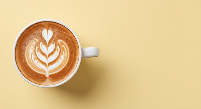 Cup of Coffee latte top view isolated on pastel background with copyspace 
