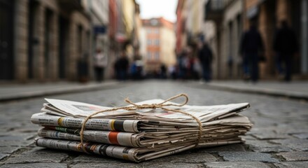 Stack of Newspapers on Cobblestone Street, News in the City, Photo