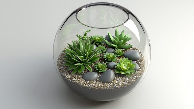 Isolated 3D render of glass terrarium with small succulents and stones top down view on white background