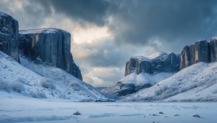 Gorgeous landscape of snow-blanketed hills alongside rocky cliffs under overcast skies
