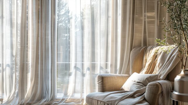 Armchair with blanket and pillow near window with sheer curtains in a sunlit room interior scene - Powered by Adobe
