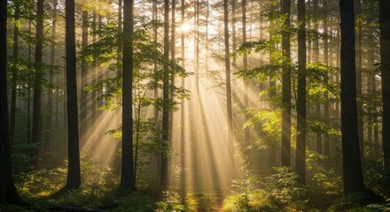 Sun Rays Through Forest Trees, Morning Sunlight Photo
