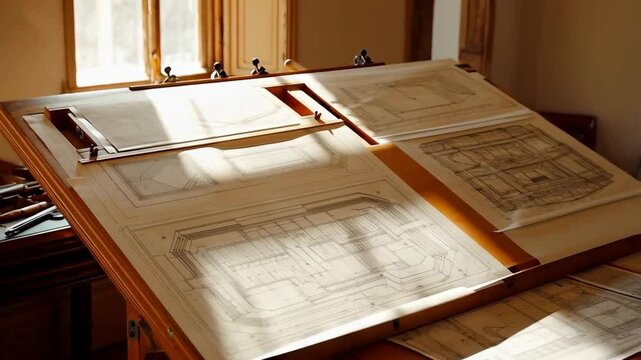Architectural drawings on a wooden drafting table lit by sunlight coming through a window, creating a vintage feel.