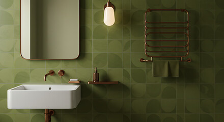 Olive Green Bathroom with Geometric Wall Tiles