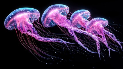 Glowing jellyfish, vibrant pink, against black