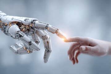 A futuristic concept of connection and innovation showing a human hand reaching towards the touch of a robotic hand, symbolizing AI integration and technological advancement.