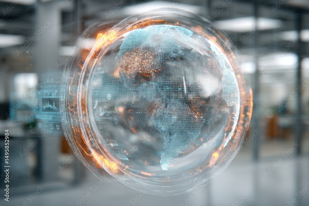 Poster a digitally enhanced globe visualization with a futuristic interface, showcasing data-driven global 