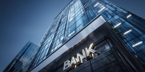 Modern Bank Building with Glass Facade and Sleek Corporate Architecture in an Urban Setting