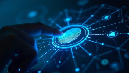 Businessman using fingerprint indentification to access personal financial data. Idea for E-kyc (electronic know your customer), biometrics security, innovation technology against digital cyber crime