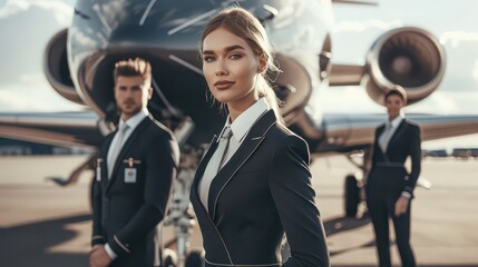 Portrait of flight attendants standing in front of a private jet on the airport tarmac in formal suits